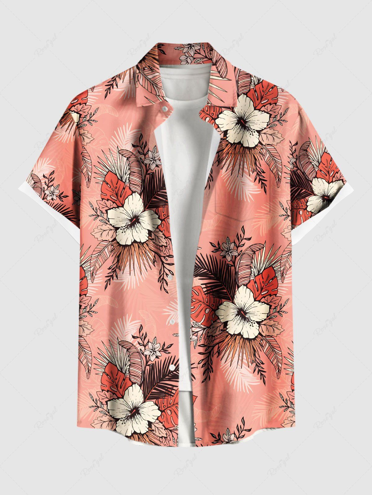 Chemise hawaïenne grande taille à imprimé feuilles tropicales et fleurs d'hibiscus, avec poches et boutons, pour homme Rose clair 5XL