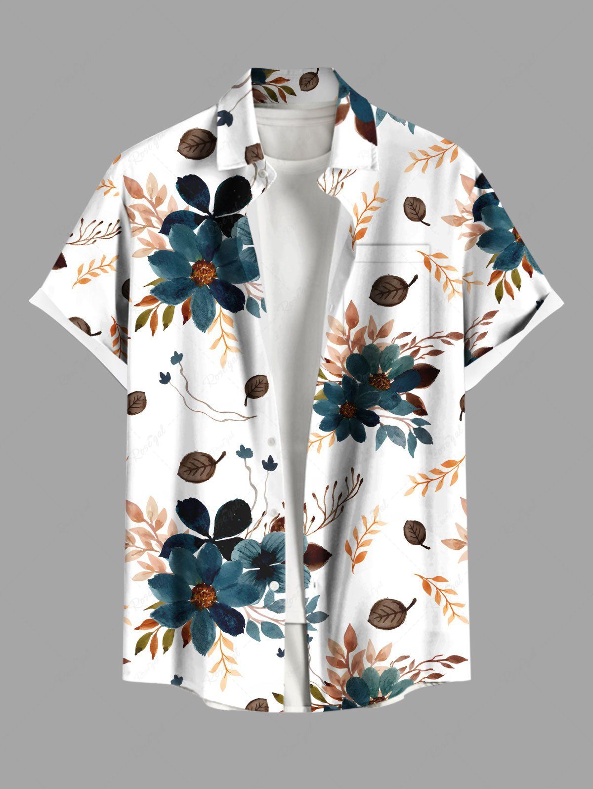 Chemise hawaïenne grande taille à imprimé fleurs et feuilles, avec poches et boutons, pour homme Blanc L