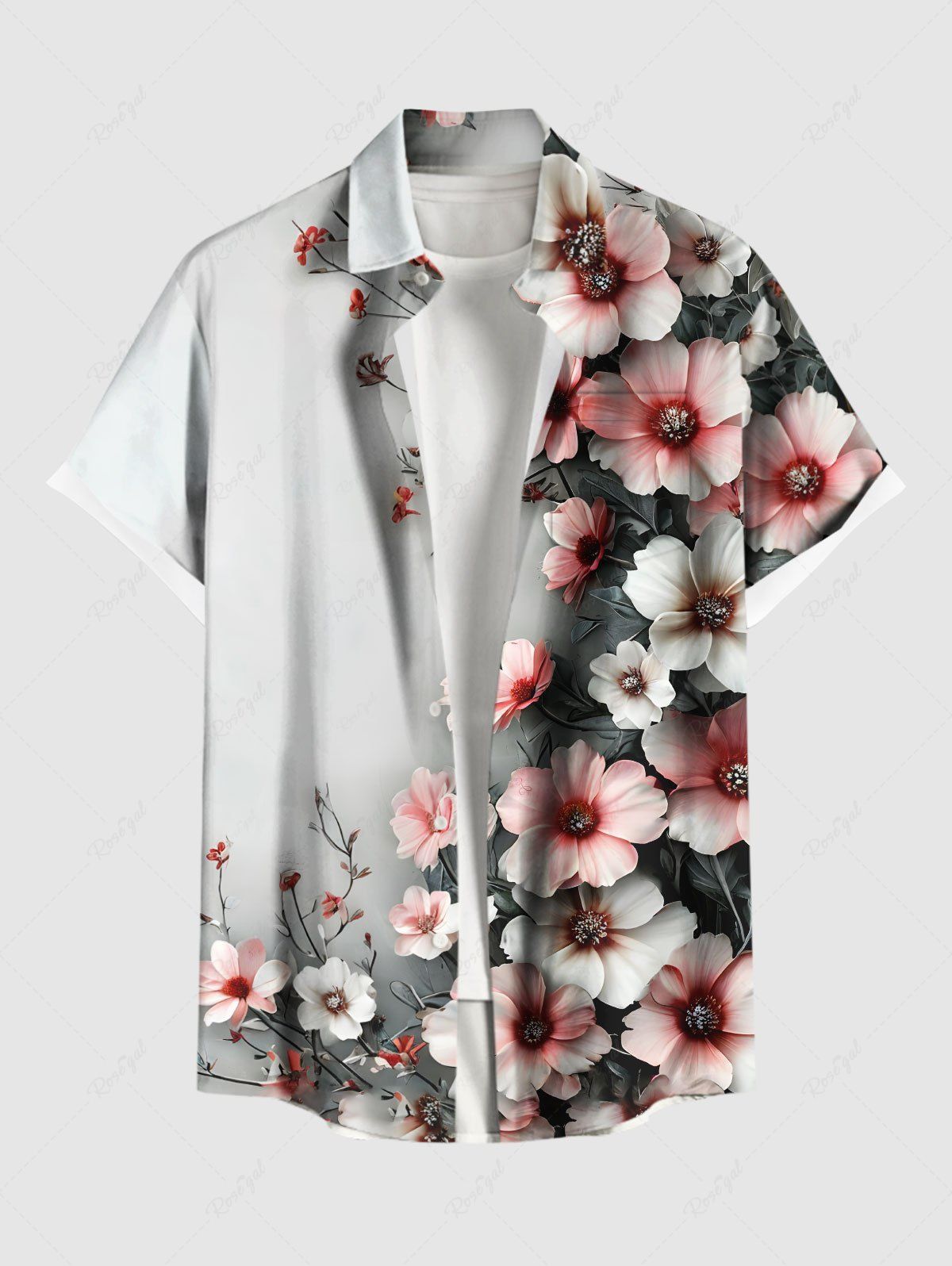 Chic Plus Size Flowers Ombre Print Buttons Pocket Hawaii Shirt For Men  