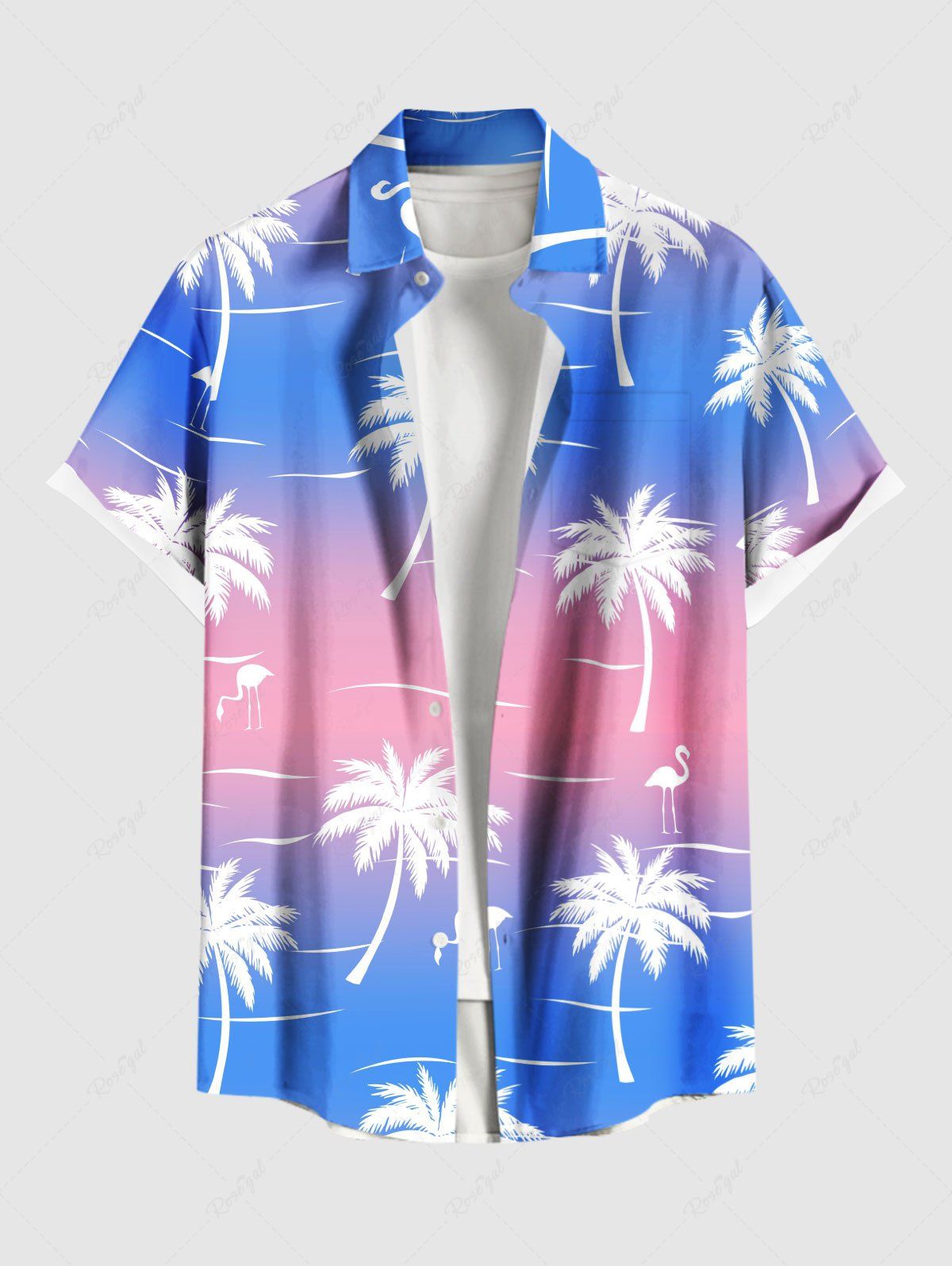 Chemise hawaïenne grande taille à imprimé flamant rose et cocotier, boutons et poches, pour homme Bleu Ciel XL