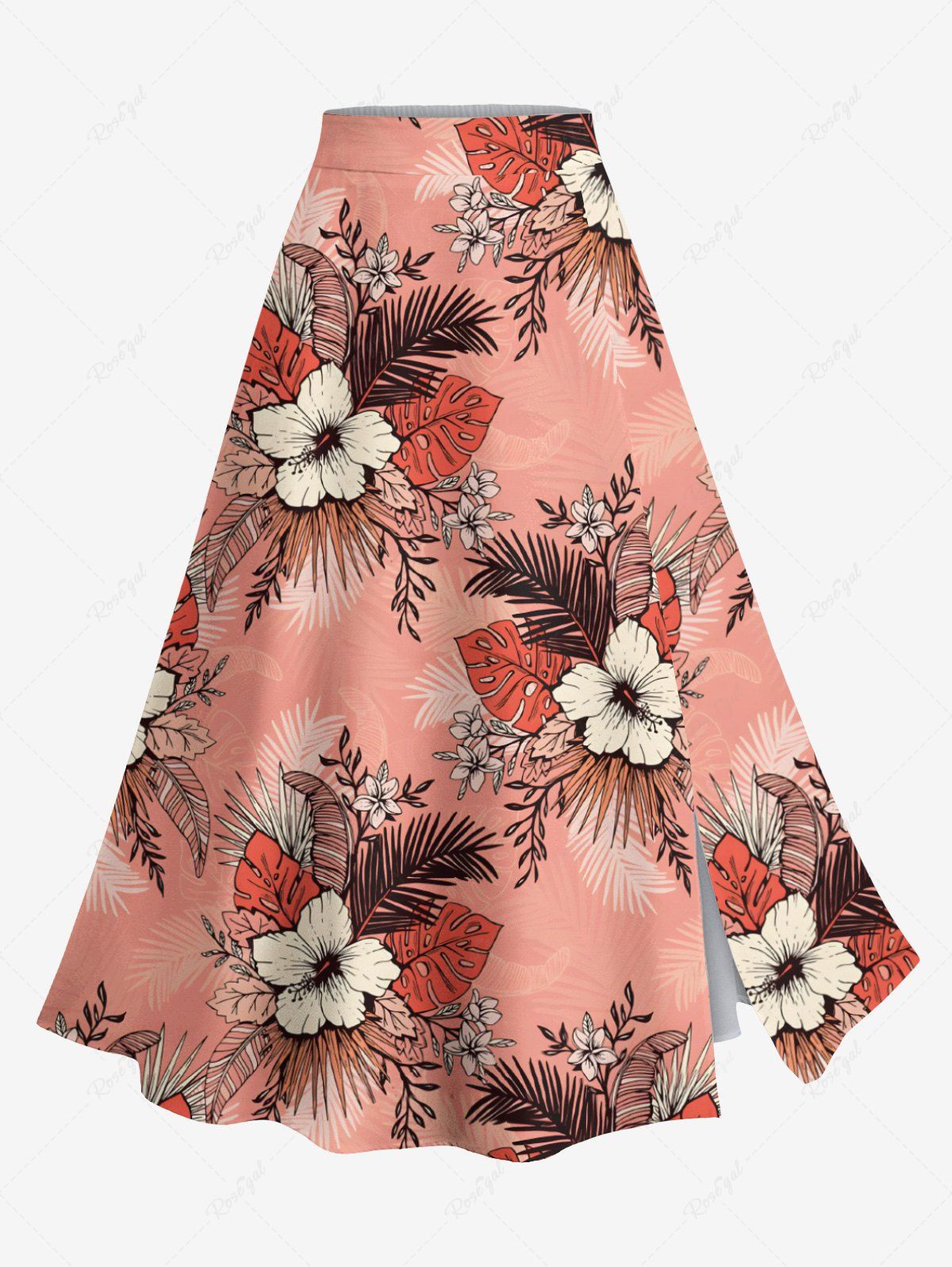 Jupe hawaïenne fendue grande taille à imprimé feuilles tropicales et fleurs d'hibiscus Rose clair M