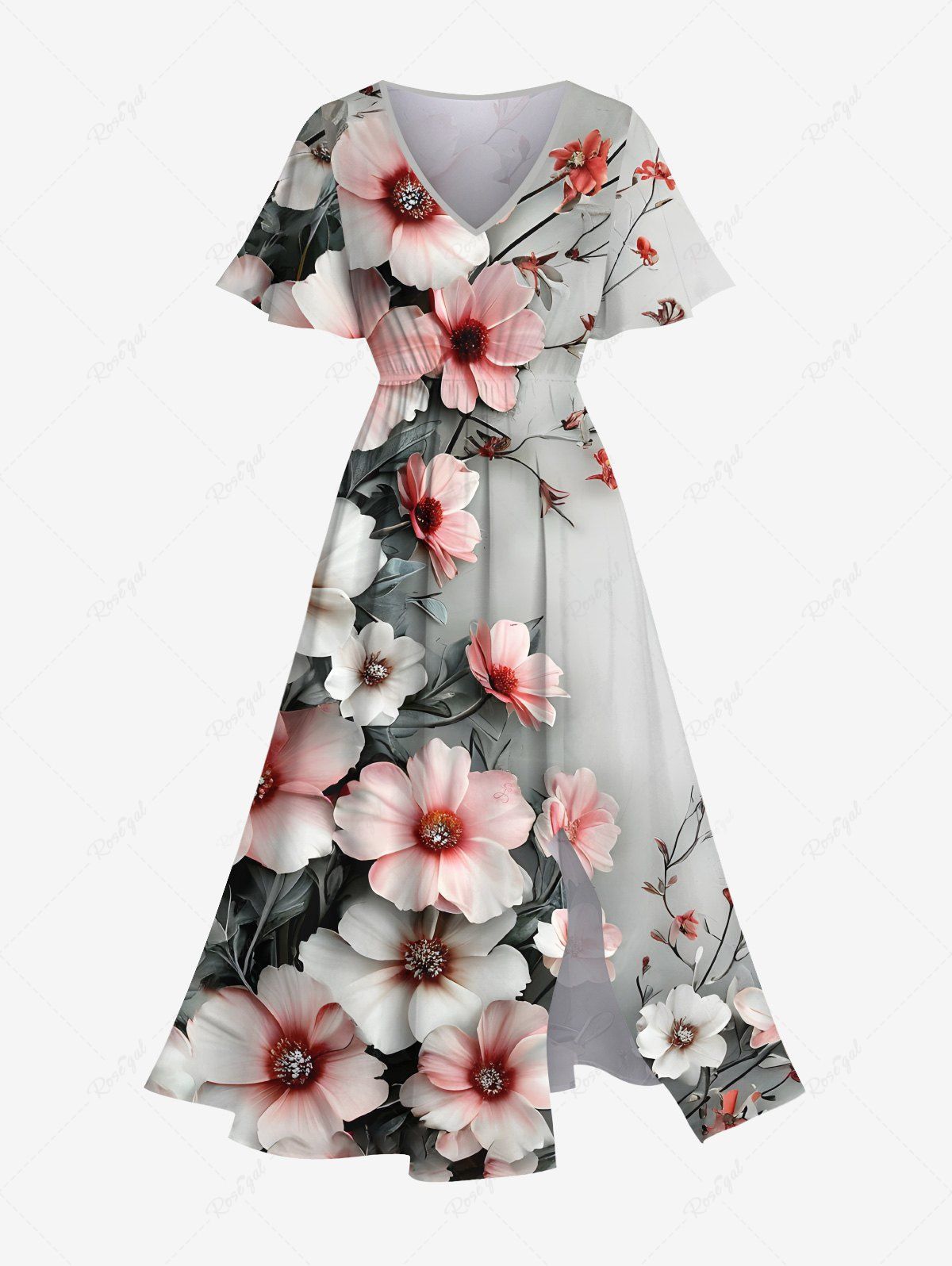 Affordable Plus Size Flowers Ombre Print Split Hawaii Midi Dress  