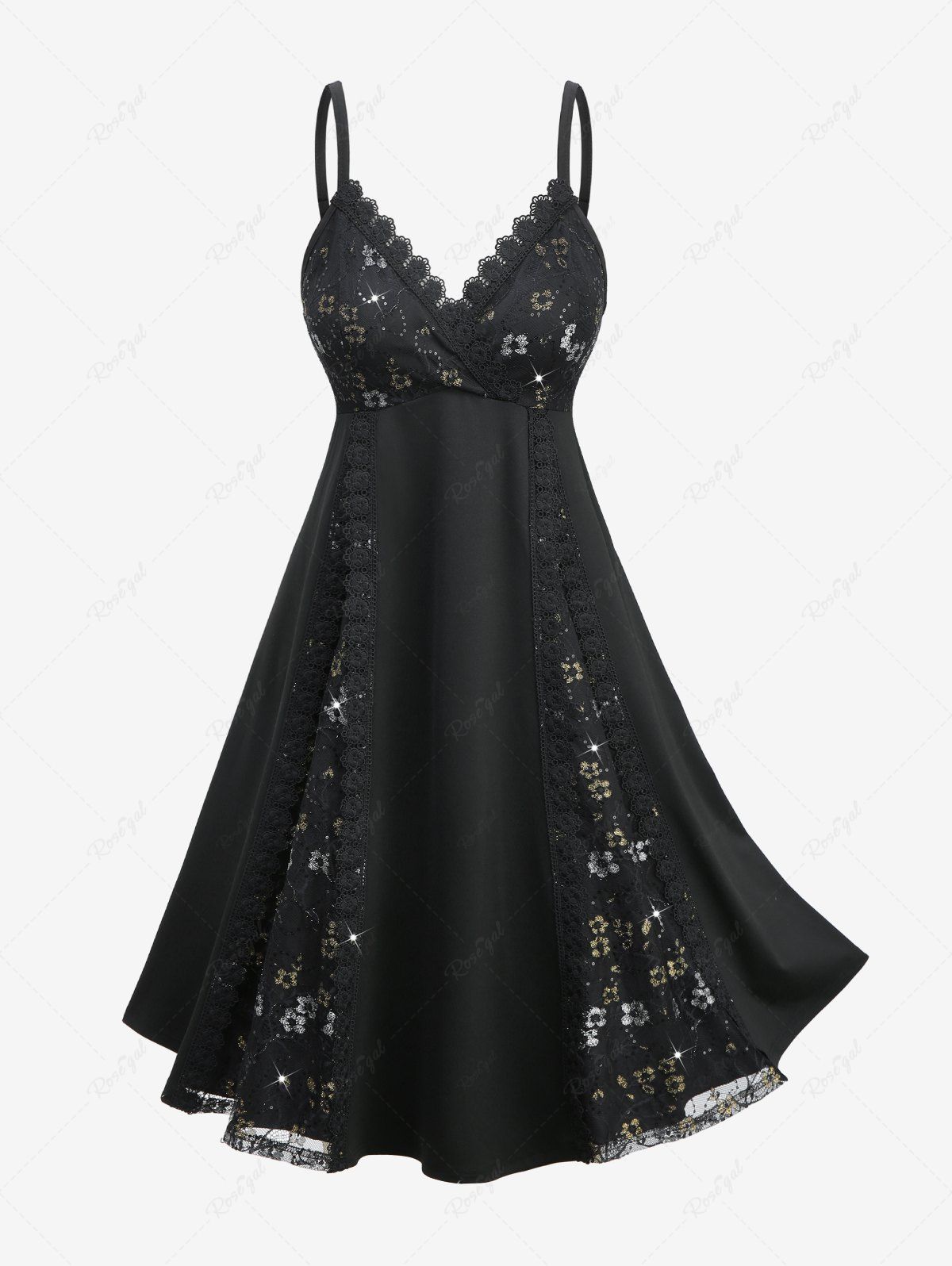 Outfits Plus Size Gilding Floral Lace Sequins Patchwork Surplice A Line Party Cami Dress  