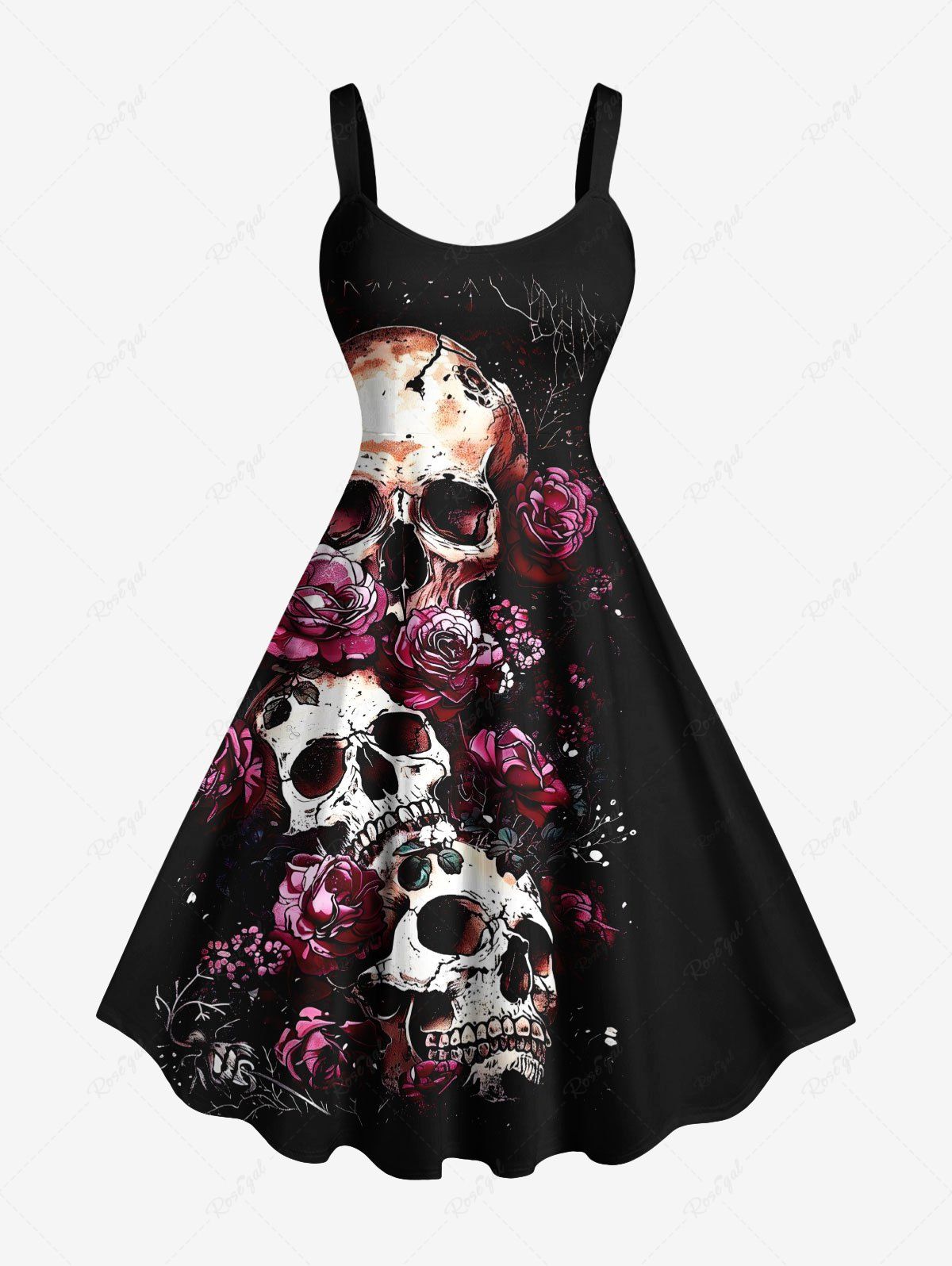 Trendy Plus Size Skull Rose Flower Print Halloween A Line Dress  