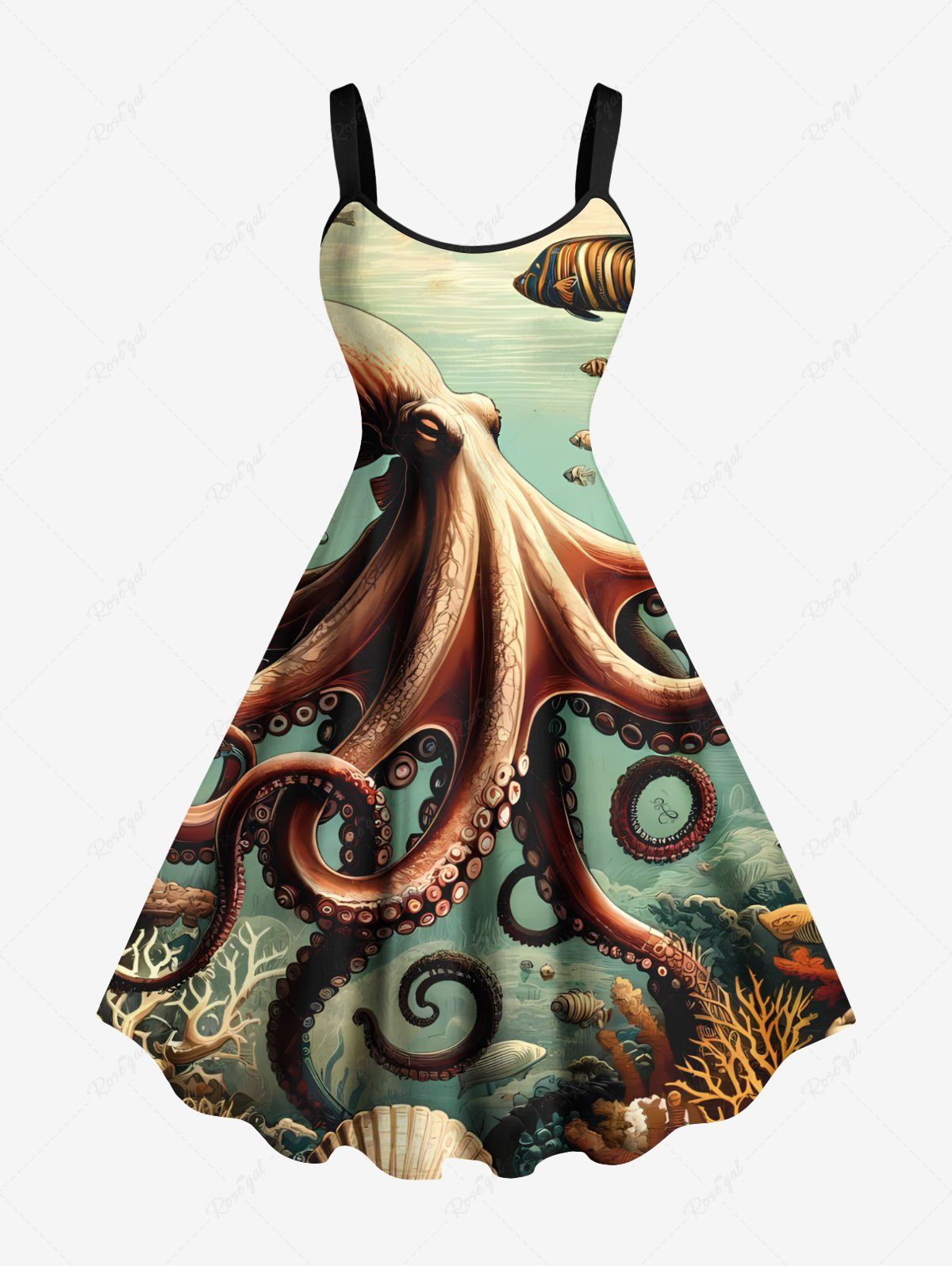 Robe trapèze grande taille à imprimé coquillage de poulpe, corail et poisson, créatures marines hawaïennes Vert XXS