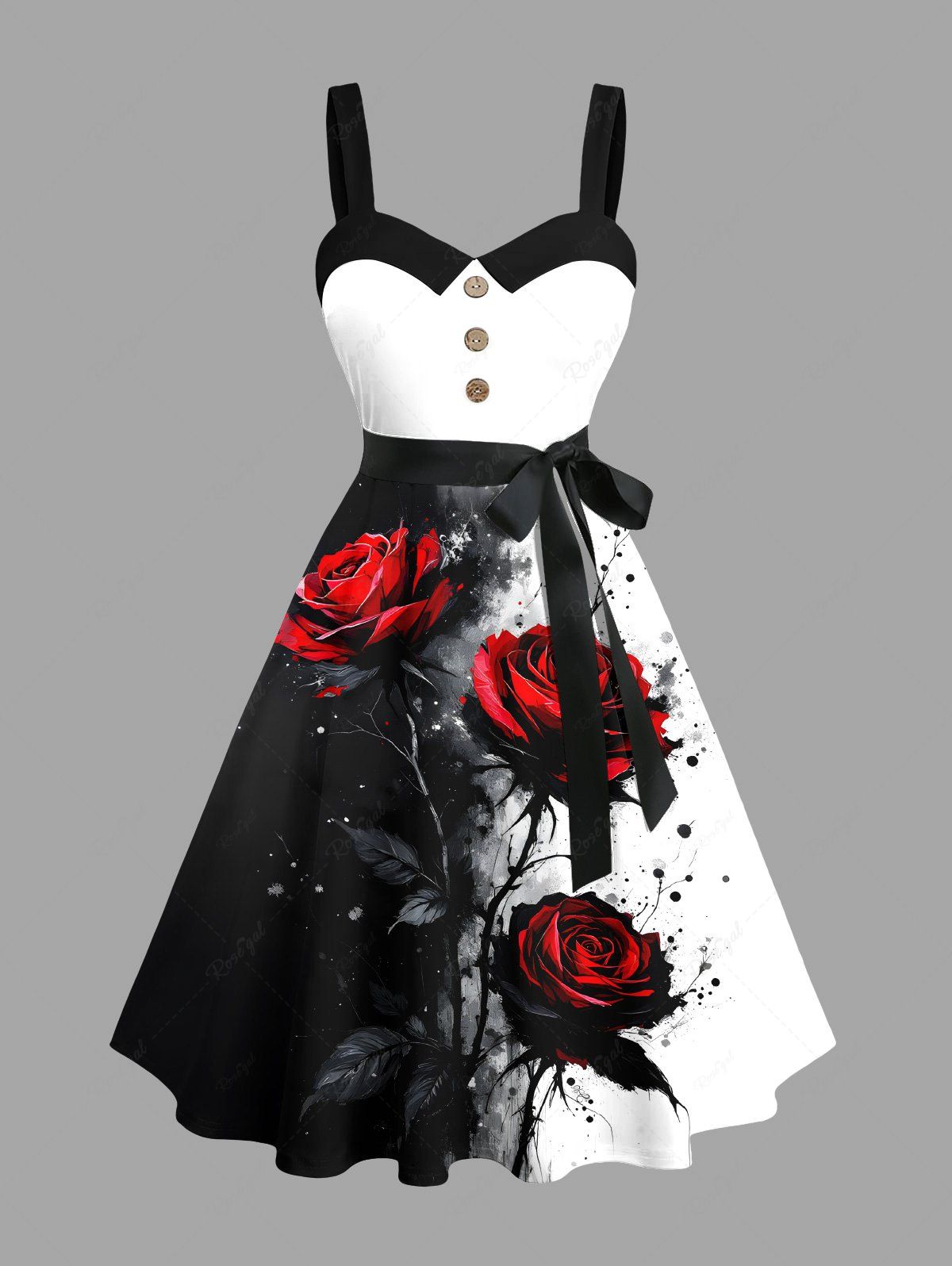 Outfit Plus Size Ink Painting Splatter Rose Flower Print Halloween Button A Line Dress with Removable Belt  