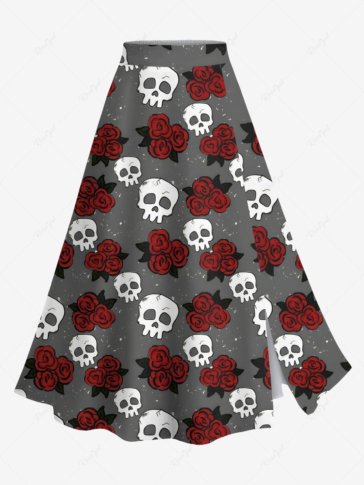 Sale Plus Size Skull Rose Flower Print Halloween Split A Line Skirt  
