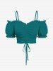 Ensemble assorti grande taille avec haut cintré uni et jupe trapèze fendue à imprimé feuilles tropicales et citrouilles de cocotier - Vert 