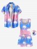 Ensemble chemise et barboteuse hawaïennes assorties, grande taille, tenue de plage, motif cocotier, flamant rose, dégradé, colorblock, imprimé pour couples - Bleu clair 
