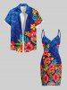 Tenue de plage hawaïenne assortie grande taille à imprimé feuilles tropicales et fleurs d'hibiscus pour couples - Bleu Ciel 