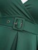 Plus Size Pleated Solid Surplice Vintage A Line Dress with Removable Belt -  