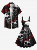 Plus Size Halloween Skulls Rose Flowers Print Tank Dress -  