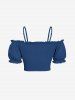 Haut cintré uni à épaules dénudées et manches bouffantes grande taille - Bleu XS