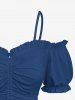 Haut cintré uni à épaules dénudées et manches bouffantes grande taille - Bleu XS