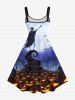 Plus Size Pumpkin Lantern Skeleton Wizard Tree Moon Print Halloween A Line Dress -  