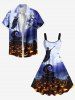Plus Size Pumpkin Lantern Skeleton Wizard Tree Moon Print Halloween A Line Dress -  