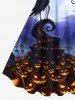Plus Size Pumpkin Lantern Skeleton Wizard Tree Moon Print Halloween A Line Dress -  