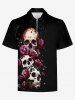 Polo grande taille à col rabattu et fermeture éclair pour homme, imprimé tête de mort et rose, idéal pour Halloween - Noir L