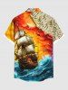Plus Size Sea Waves Sailboat Map Print Hawaii Cruise Button Pocket Shirt For Men -  