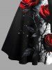 Robe trapèze boutonnée grande taille à imprimé éclaboussures de peinture à l'encre et fleurs de rose avec ceinture amovible - Noir L
