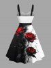 Plus Size Ink Painting Splatter Rose Flower Print Halloween Button A Line Dress with Removable Belt -  