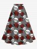 Jupe trapèze fendue grande taille à imprimé tête de mort et roses pour Halloween - Gris Foncé XS