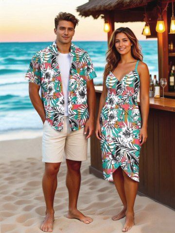 Flowers Leaf Ombre Plaid Print Plus Size Matching Hawaii Beach Outfit For Couples - GREEN