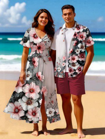 Flowers Ombre Print Plus Size Matching Hawaii Beach Outfit For Couples - LIGHT GRAY