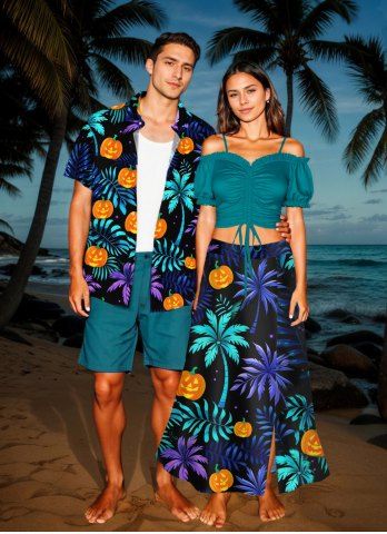 Halloween Coconut Tree Tropical Leaf Pumpkin Print Plus Size Matching Outfit For Couples - GREEN