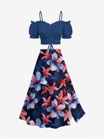 Solid Cinched Top and Hibiscus Flower Leaf Print Hawaii Split A Line Skirt Plus Size Matching Set - BLUE