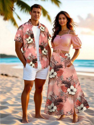 Hibiscus Flowers Tropical Leaf Print Plus Size Matching Hawaii Beach Outfit For Couples - LIGHT PINK