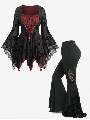 Flocking Lace Up Flare Sleeve Top and Skull Appliques Flare Pants Plus Size Outfit