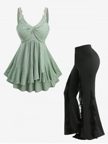 Twist Ruffles Textured Tank Top and Spider Web Flocking Lettuce Flare Pants Plus Size Outfit - GREEN