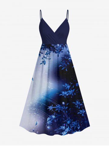 Plus Size Galaxy Ombre Star Leaf Print Surplice Hawaii Cami Dress - BLUE - 6X