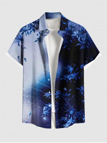 Plus Size Galaxy Ombre Star Leaf Print Buttons Pocket Hawaii Shirt For Men - BLUE - M