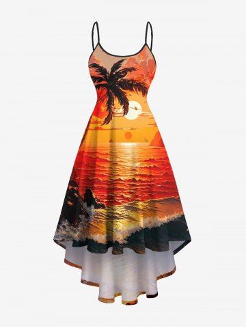Plus Size Coconut Tree Seascape Sun Bird Cloud Print High Low Hawaii Cami Dress - ORANGE - 4X