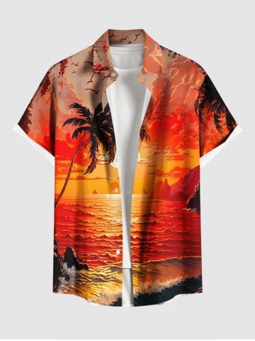 Plus Size Coconut Tree Seascape Sun Bird Cloud Print Buttons Pocket Hawaii Shirt For Men - ORANGE - 6XL