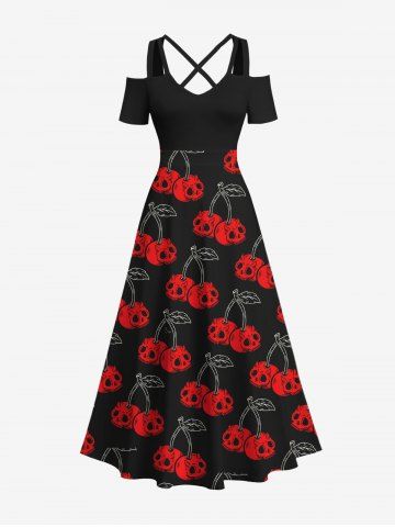 Plus Size Halloween Cherry Skulls Print Cold Shoulder Crisscross Maxi Dress - BLACK - 6X