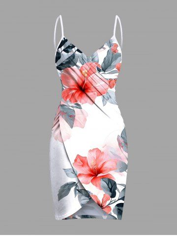 Plus Size Hibiscus Flowers Leaf Print Convertible Hawaii Beach Cover - WHITE - S