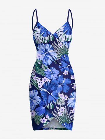 Plus Size Hibiscus Flower Leaf Print Convertible Hawaii Beach Cover - BLUE - XXS