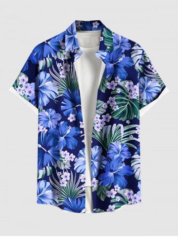 Plus Size Hibiscus Flower Leaf Print Buttons Pocket Hawaii Shirt For Men - SKY BLUE - S