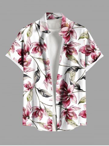 Plus Size Flowers Leaf Print Buttons Pocket Hawaii Shirt For Men - WHITE - 5XL