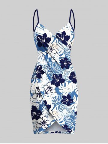 Plus Size Tropical Leaf Hibiscus Flower Print Hawaii Convertible Beach Cover Up - BLUE - XXS