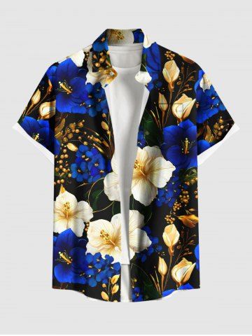 Plus Size Gilding Two Tone Hibiscus Flower Print Hawaii Button Pocket Shirt For Men - BLUE - 4XL