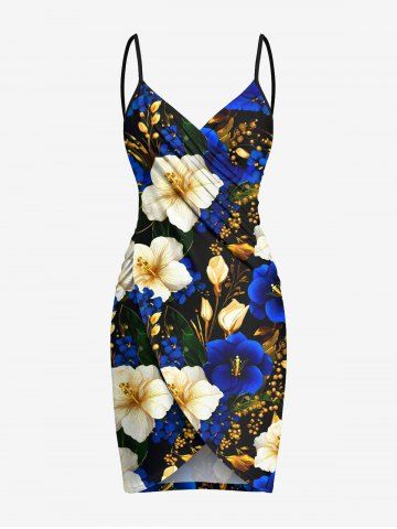 Plus Size Gilding Two Tone Hibiscus Flower Print Hawaii Convertible Beach Cover Up - BLUE - XXS