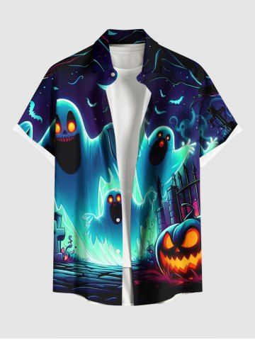 Plus Size Pumpkin Ghost Bat Galaxy Print Halloween Button Pocket Shirt For Men - BLUE - 2XL