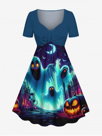 Plus Size Pumpkin Ghost Bat Galaxy Print Halloween Cinched A Line Dress - DEEP GREEN - XXS
