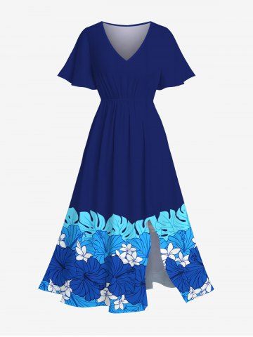 Plus Size Tropical Leaf Hibiscus Flowers Print Split Hawaii Midi Dress - BLUE - XS