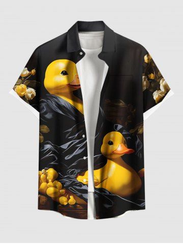Plus Size Cute Duck Family Print Hawaii Button Pocket Shirt For Men - BLACK - XL