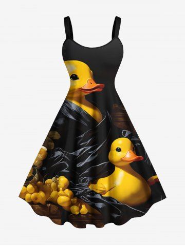 Plus Size Cute Duck Family Print Hawaii A Line Tank Dress - BLACK - 5X